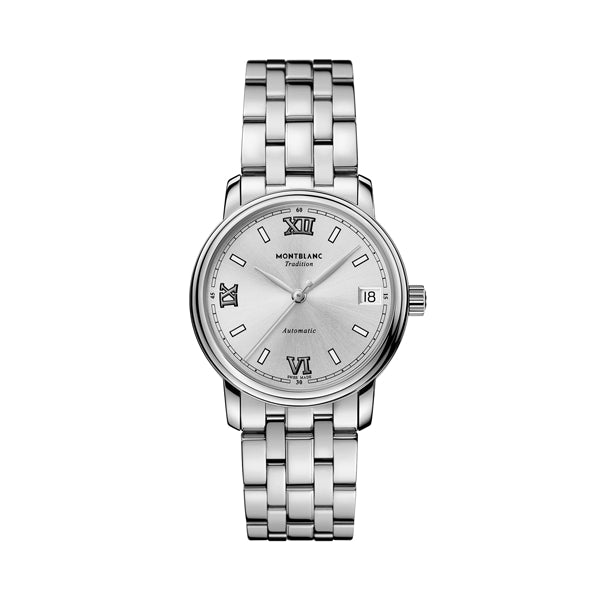 Luxury MONTBLANC WATCHES WATCHES Mod. 127773 in silver with Roman numerals and date display on a stainless steel band.