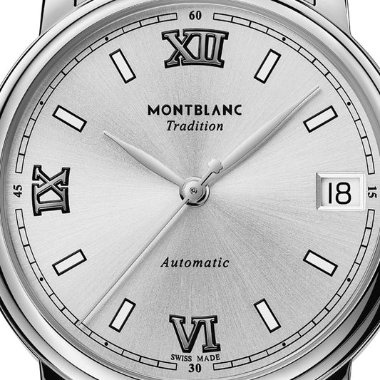 Close-up of MONTBLANC WATCHES WATCHES Mod. 127773 with a silver dial and Roman numerals.