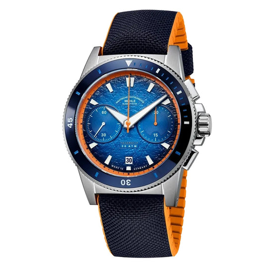 MUHLE GLASHUTTE MOD. M1-52-02-CK luxury men's wristwatch with blue dial and strap, featuring a steel case and date display.