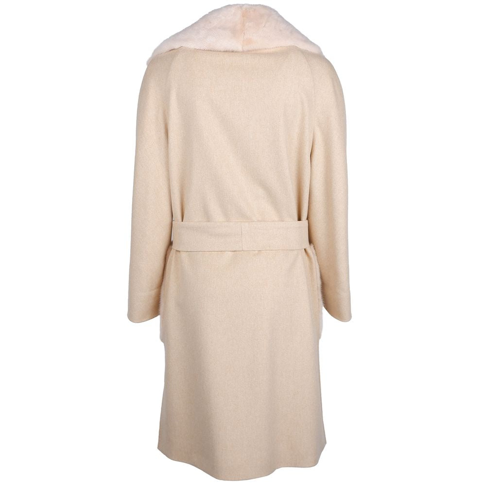 Made in Italy Beige Wool Women Coat with Rabbit Fur Collar, luxury Loro Piana fabric, back view with removable collar and ribbon belt.