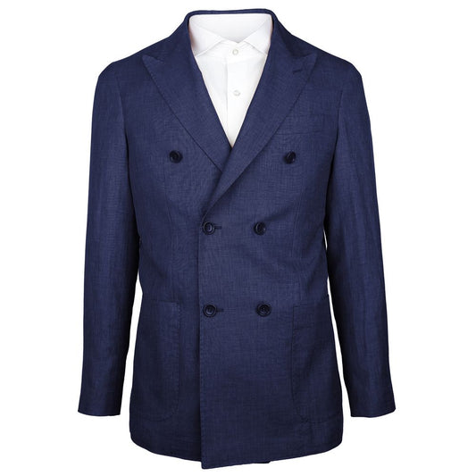 Made in Italy Blue Linen Blazer with Loro Piana fabric, double-breasted, navy blue, peaked lapels, and multiple pockets.