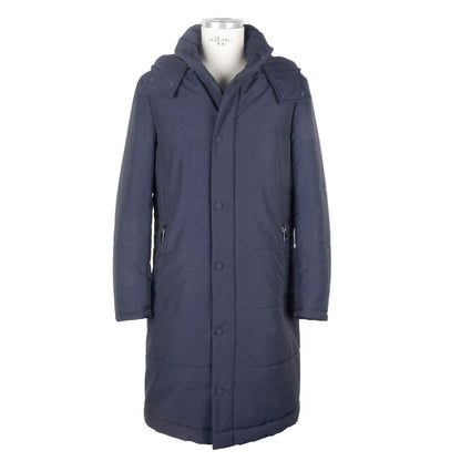 Made in Italy Blue Wool Men's Raincoat with hood, showcasing luxurious Loro Piana fabric for style and protection against elements.