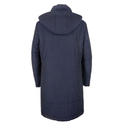 Back view of Made in Italy Blue Wool Men's Raincoat with hood, showcasing premium Loro Piana fabric and elegant design.