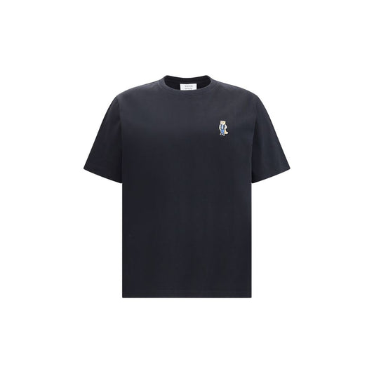 Maison Kitsuné Black Cotton T-Shirt with embroidered fox patch on chest, short sleeves, crew neck, perfect for casual wear.