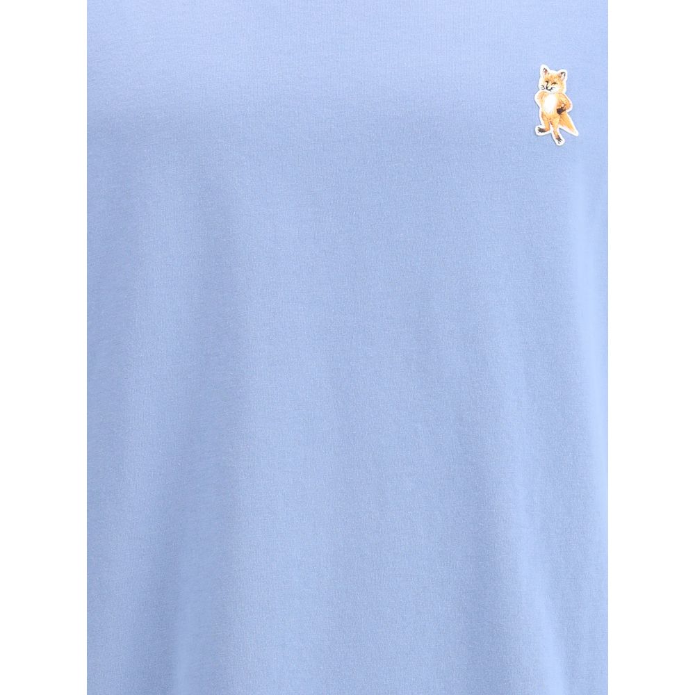 Maison Kitsuné Light Blue Cotton T-Shirt with Standing Fox embroidery on chest, featuring short sleeves and ribbed crew neck design.