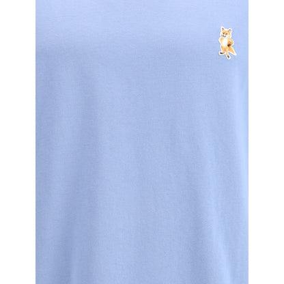 Maison Kitsuné Light Blue Cotton T-Shirt with Standing Fox embroidery on chest, featuring short sleeves and ribbed crew neck design.