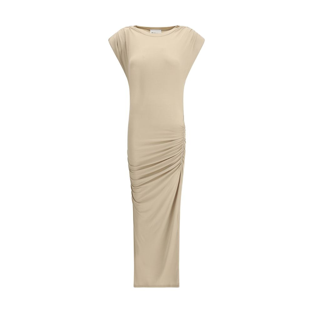 Marant Etoile Beige Modal Casual Dress with draped silhouette and cap sleeves, ideal for a sophisticated casual look.