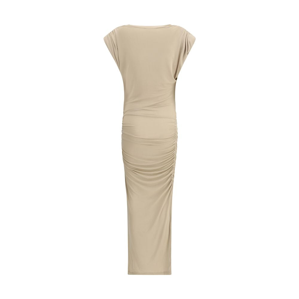 Marant Etoile Beige Modal Casual Dress in draped fabric with cap sleeves and midi length, perfect for a sophisticated casual look.
