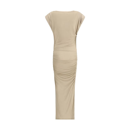 Marant Etoile Beige Modal Casual Dress in draped fabric with cap sleeves and midi length, perfect for a sophisticated casual look.