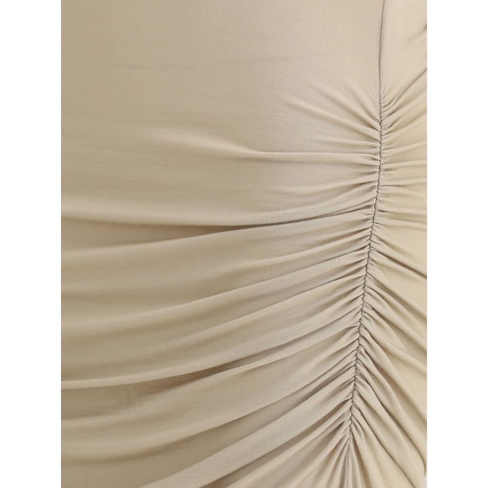 Close-up of draped fabric detailing on Marant Etoile Beige Modal Casual Dress showcasing elegant ruching and modern silhouette.