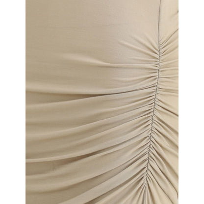 Close-up of draped fabric detailing on Marant Etoile Beige Modal Casual Dress showcasing elegant ruching and modern silhouette.