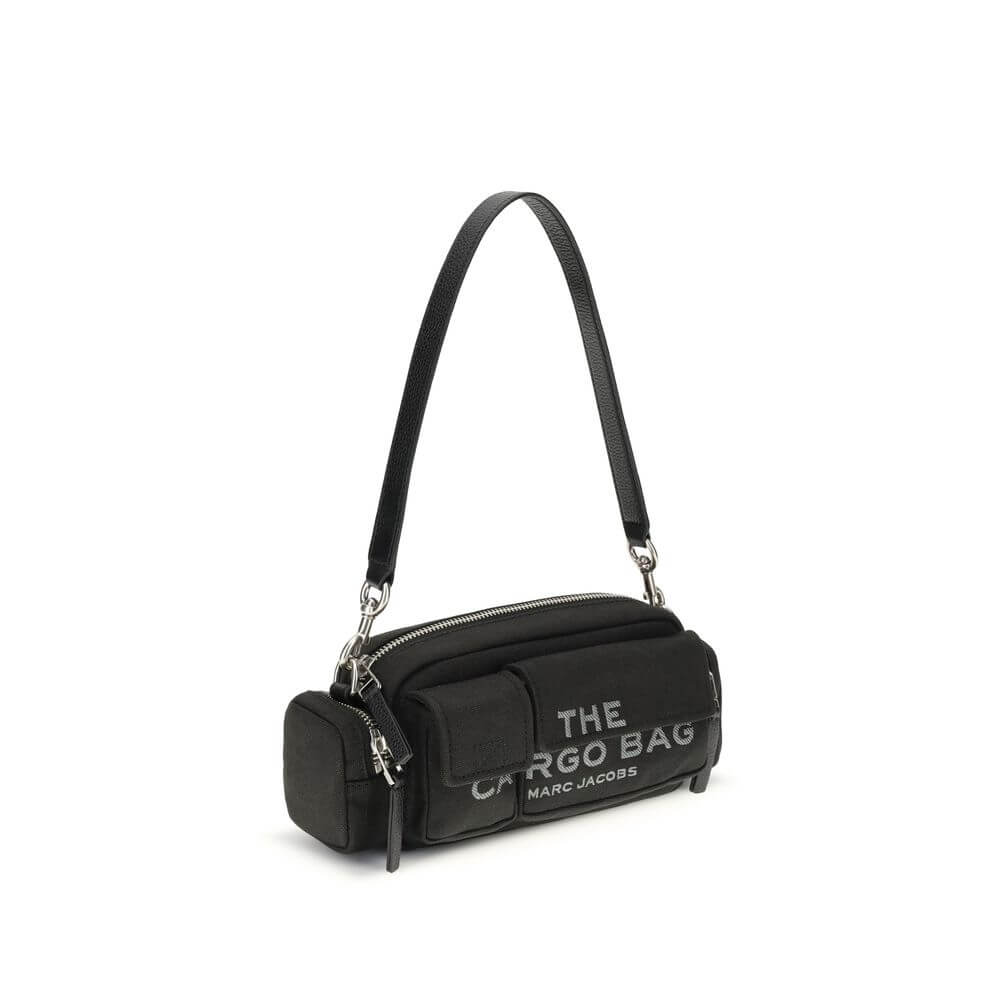 Marc Jacobs Black Canvas Shoulder Bag with leather strap and exterior pockets, featuring embroidered logo, perfect for Fall-Winter 25.