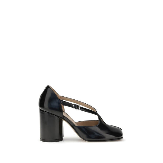 Margiela Black Calf Leather Bos Taurus High Heel Pumps with crisscross straps and separated toe design, side view.