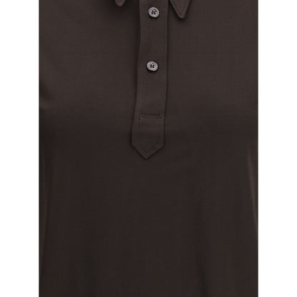 Close-up of Margiela Brown Viscose Polo Shirt with classic collar and four-button front, showcasing semi-sheer fabric and minimalist design.