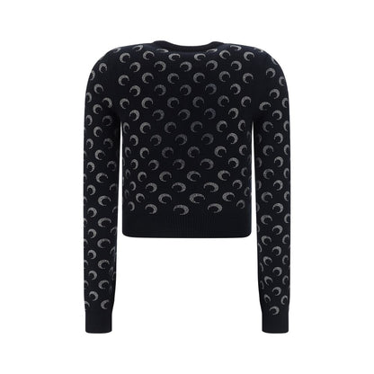 Marine Serre Black Viscose Cardigan with iconic contrasting logo pattern, ribbed crew neck, button closure, slim fit, back view.