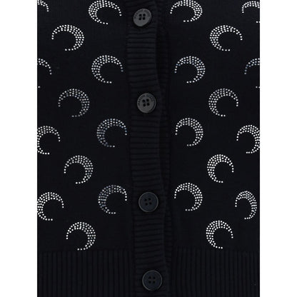 Marine Serre Black Viscose Cardigan featuring ribbed crew neck, button closure, all-over logo, slim fit design.