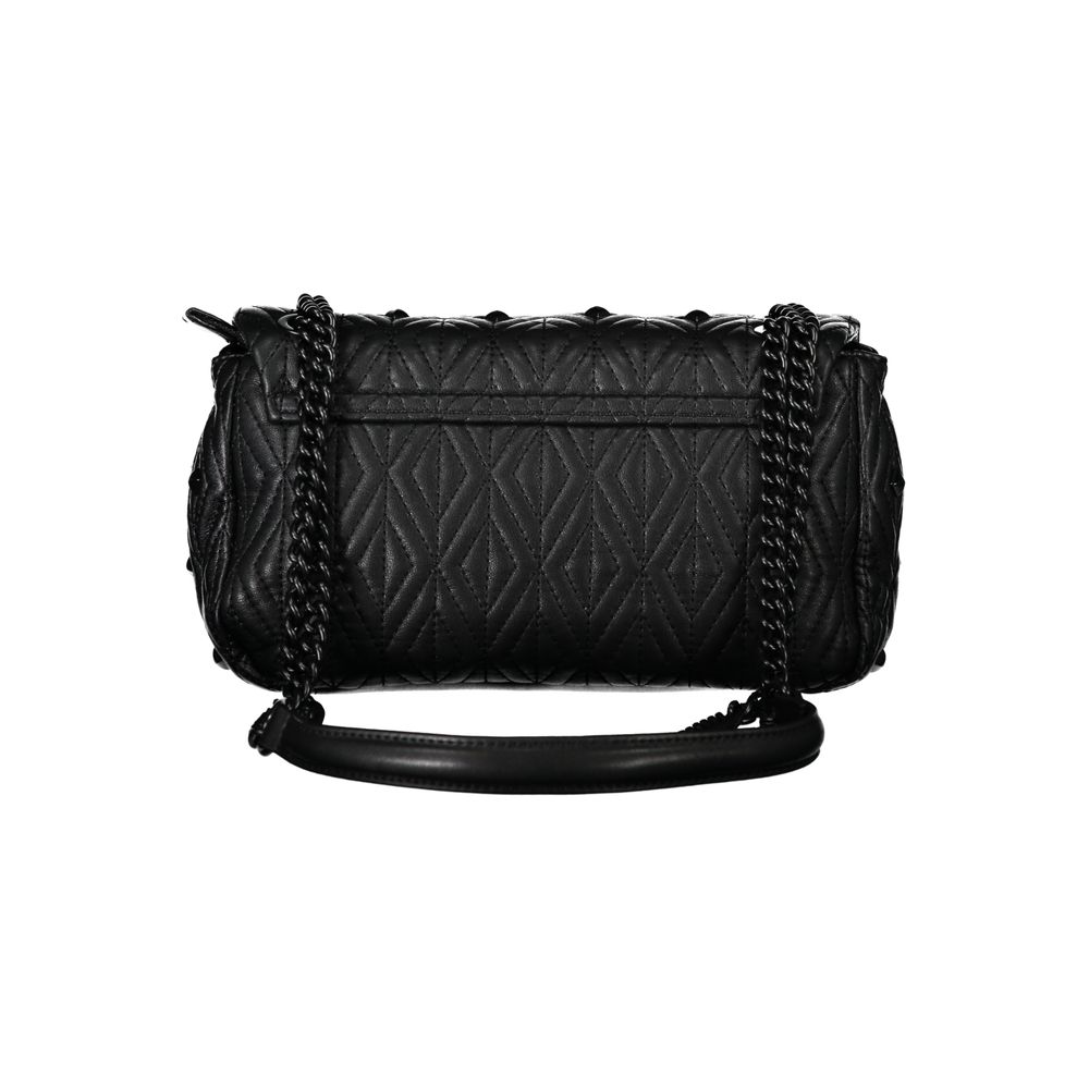 Mario Valentino Black Polyester Handbag, chain shoulder bag with zip and clip closure, internal pockets, contrasting details