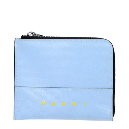 Marni Blue Polyethylene Wallet featuring logo, silver hardware, and light blue color, measuring 9.5x11.5 cm. Code: PFMI0095A0P576900B21.