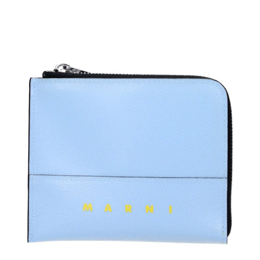 Marni Blue Polyethylene Wallet with silver accents and front logo, featuring light blue and black details, measurements 9.5x11.5 cm.