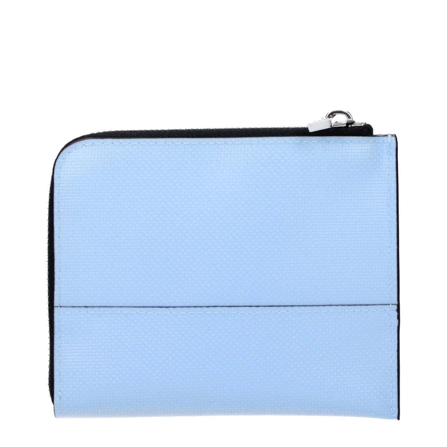 Marni Blue Polyethylene Wallet with silver front logo, light blue design, and zipper closure. Measurements: 9.5×11.5 cm.