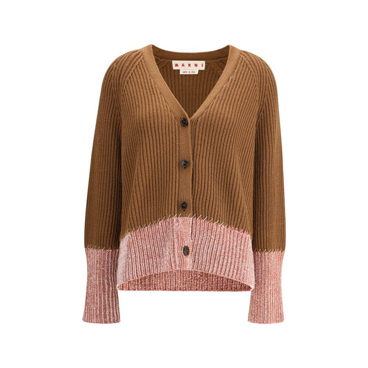 Marni Brown Viscose Cardigan with pink chenille and beige faux seams, handcrafted in Italy, perfect for elegant and versatile outfits.