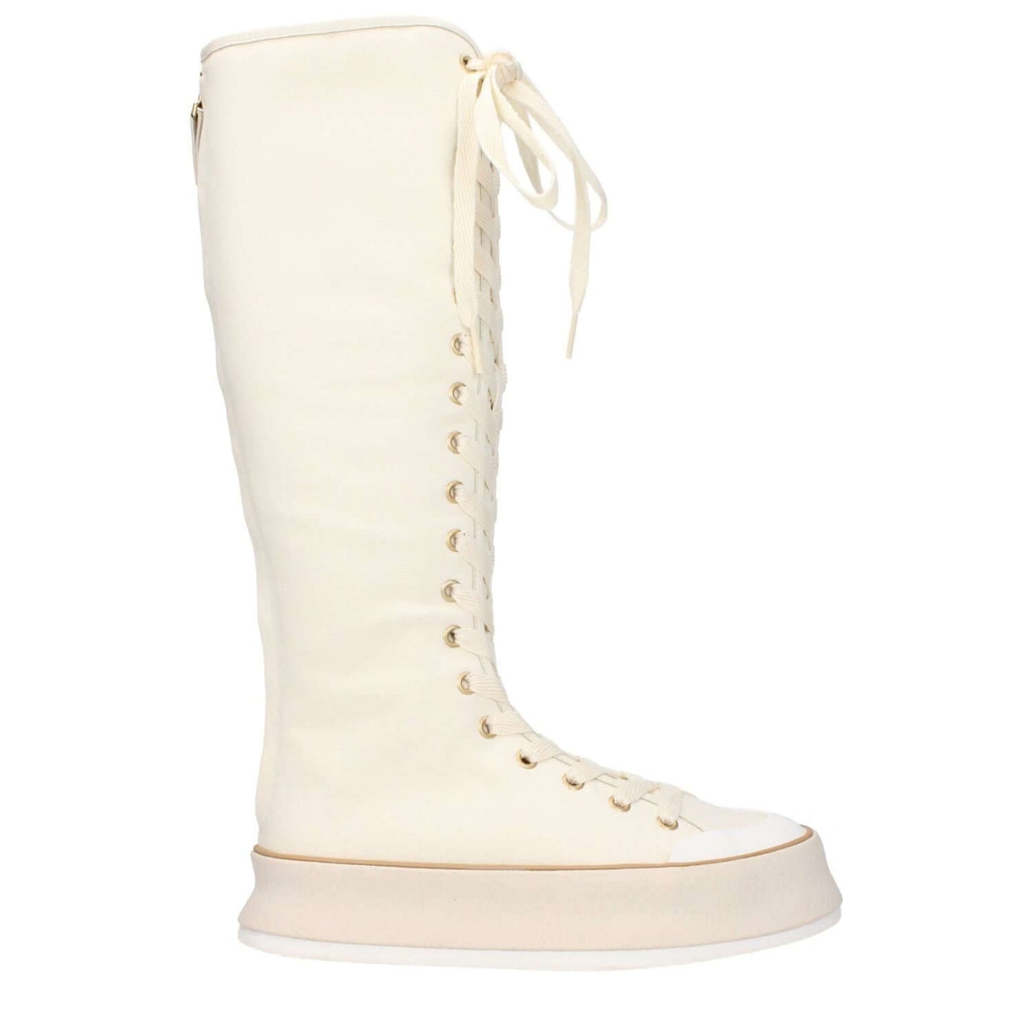 Max Mara Beige Fabric Lace-Up Boots with vintage effect, casual style, wedge heel, and round toe, showcasing side view against white background.