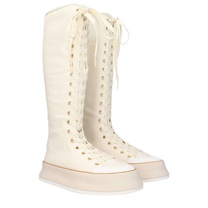 Max Mara Beige Fabric Lace-Up Boots with vintage effect, casual style, and wedge heel displayed at an angle on a white background.