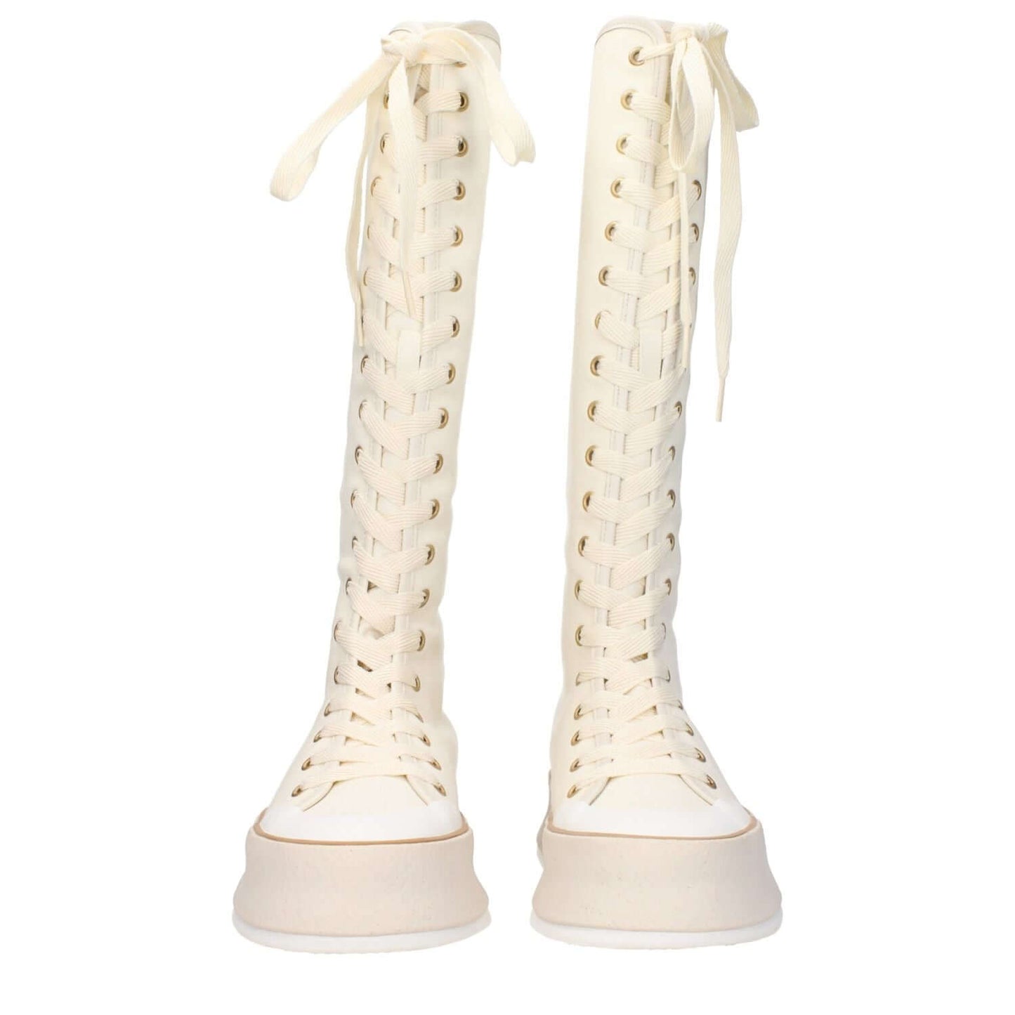 Max Mara Beige Fabric Lace-Up Boots with vintage effect, wedge heel, and rubber sole. Casual style with round toe and lace-up closure.