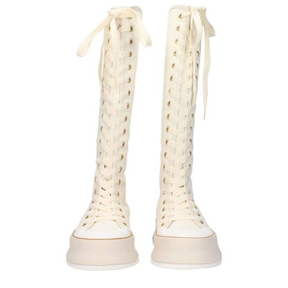 Max Mara Beige Fabric Lace-Up Boots with vintage effect, wedge heel, and rubber sole. Casual style with round toe and lace-up closure.