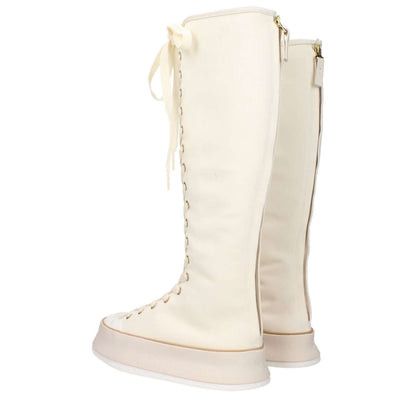 Max Mara Beige Fabric Lace-Up Boots with vintage effect and round toe, featuring a 4 cm wedge heel and rubber sole for casual style.