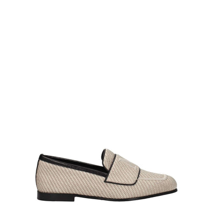 Max Mara Beige Fabric Slip-On Loafers with leather sole and round toe, featuring a front logo detail, casual style.