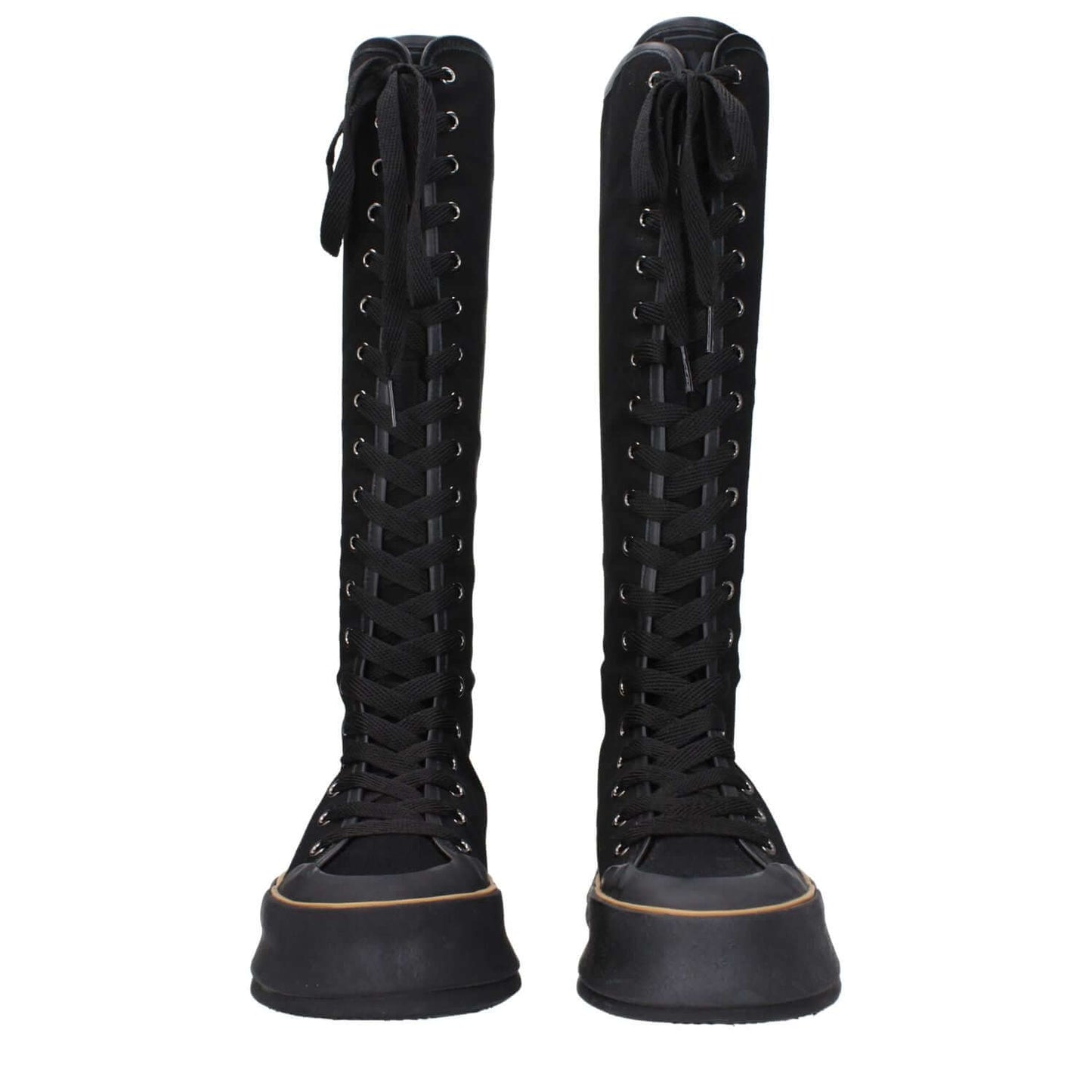Max Mara Black Fabric Lace-Up Boots with vintage effect and wedge heel, featuring round toe and casual style.