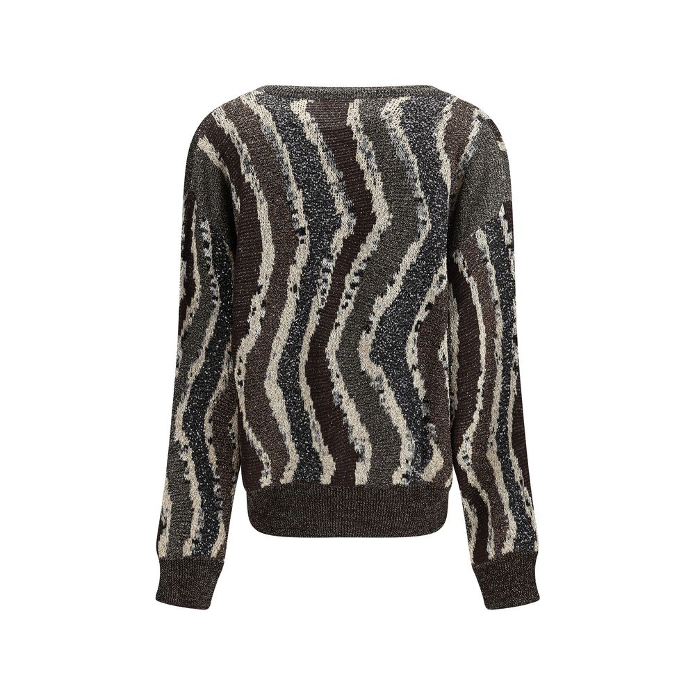 Back view of Missoni Brown Viscose Cardigan featuring wave pattern, sequins, and button closure, ideal for adding elegance to fall outfits.