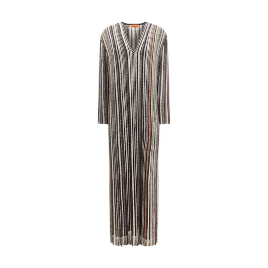 Missoni Multicolor Viscose Casual Dress in striped herringbone knit with lamé and sequins, long sleeves, and deep V-neckline AW25