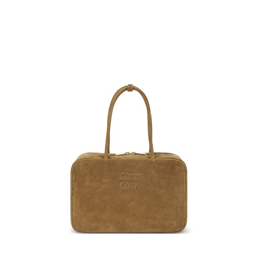 Miu Miu Beige Calf Leather Bos Taurus Handbag with suede design, double top handle, zipper closure, and monogram on the front.