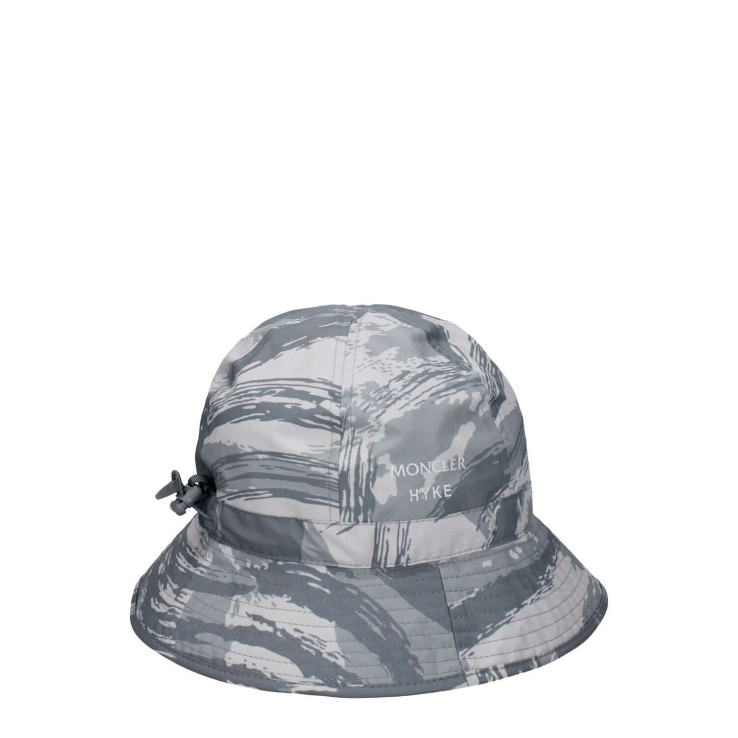 Moncler Gray Polyester Bucket Hat with drawstring closure and front logo, 100% polyester sporty glam design.