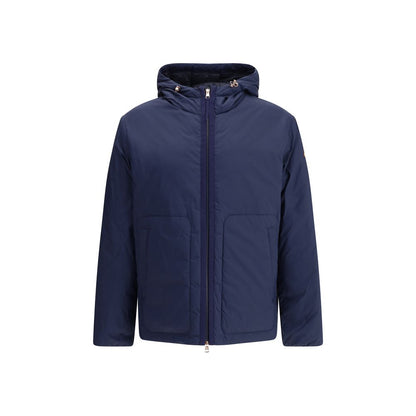Moncler x Donald Glover Blue Goose Down Full-Length Jacket with adjustable hood and zip fastening, elegant and functional design for AW25.