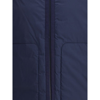 Close-up of Moncler x Donald Glover Blue Goose Down Full-Length Jacket featuring zipper and quilt detail.