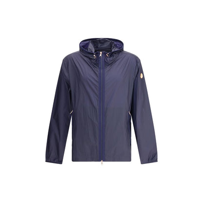 Moncler x Donald Glover Blue Nylon Shell Jacket, waterproof with hood and zip pockets, ideal for variable weather conditions.