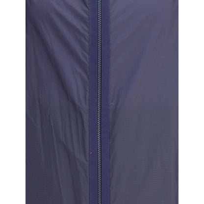 Close-up of Moncler x Donald Glover Blue Nylon Shell Jacket showing ripstop nylon fabric and zip closure.