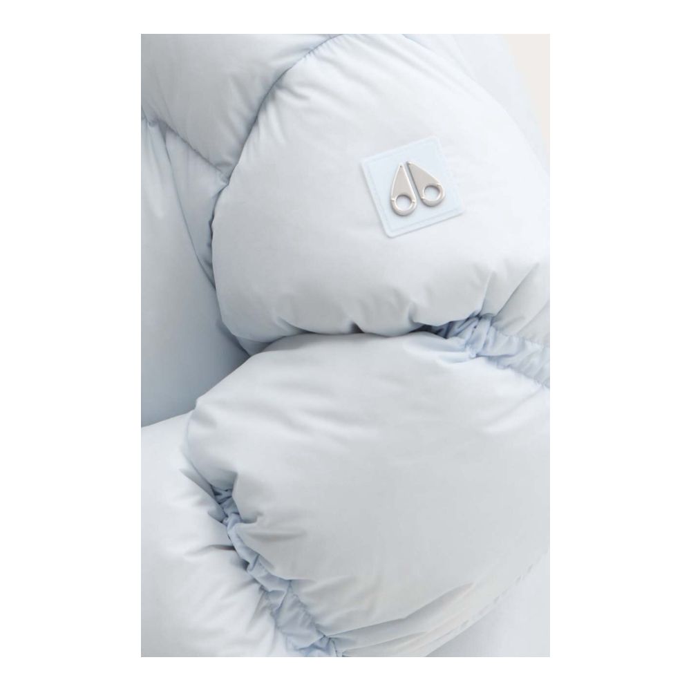 Moose Knuckles Light Blue Nylon Women Jacket showcasing its down padding and sleek design.