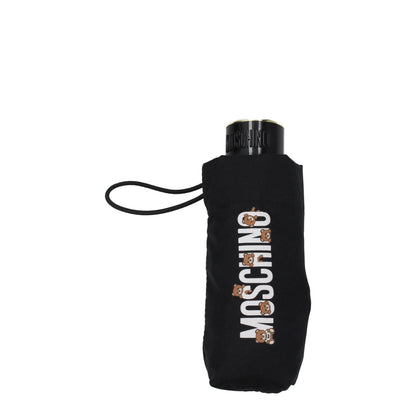Moschino Black Polyester Umbrella with front logo and snap closure, MPN 8432SUPERMINIA, folded in protective sleeve.