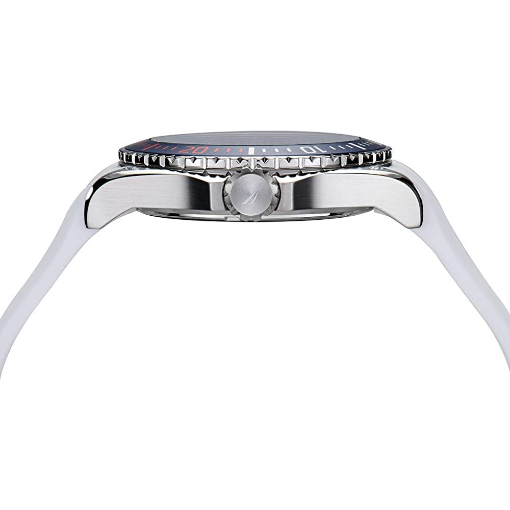 Side view of NAUTICA Mod. NAPCPS902 watch showcasing 46 mm case with quartz movement, water resistant up to 10 ATM, mineral dial material.