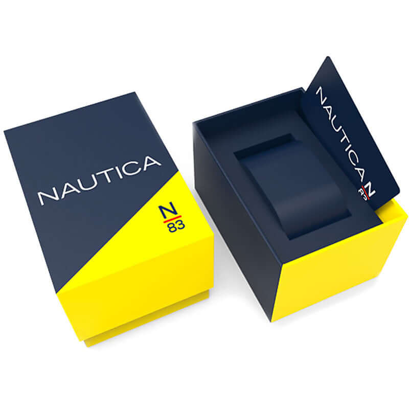 NAUTICA Mod. NAPABS904 official packaging box featuring brand logo with yellow and blue design, suitable for gent quartz analog watch.