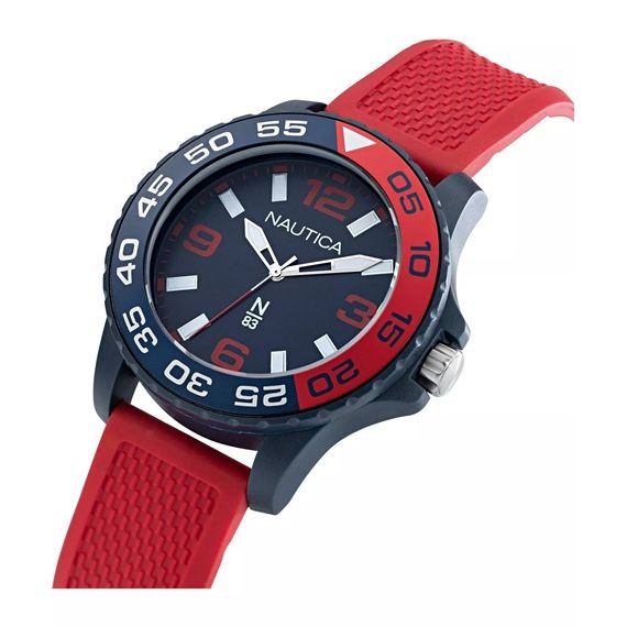 NAUTICA Mod. NAPFWS303 quartz analog gent's watch with 5 ATM water resistance, 45mm case, in official box, red bracelet
