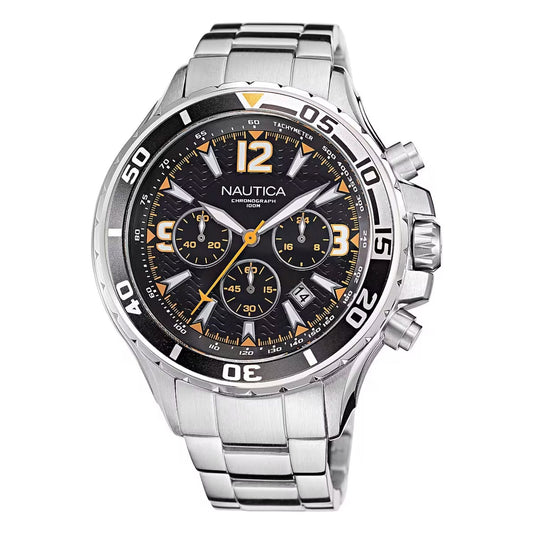 NAUTICA Mod. NAPNSS217 gent's quartz analog watch with 49mm case, multifunction dial, water-resistant 10 ATM, mineral dial material.