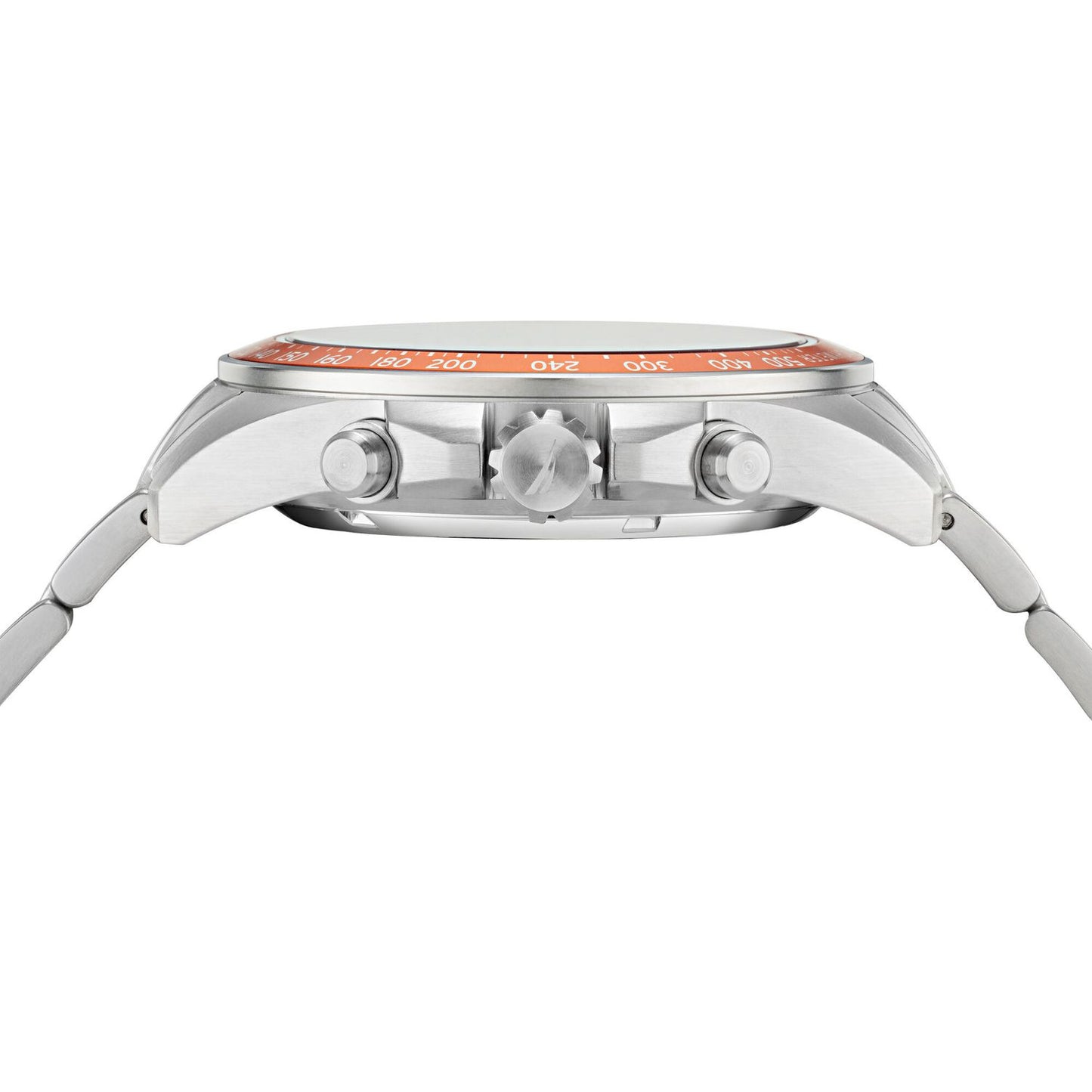 Side view of NAUTICA Mod. NAPOBF117 showing multifunctional quartz analog design with mineral case, 10 ATM water resistance, and bracelet strap.