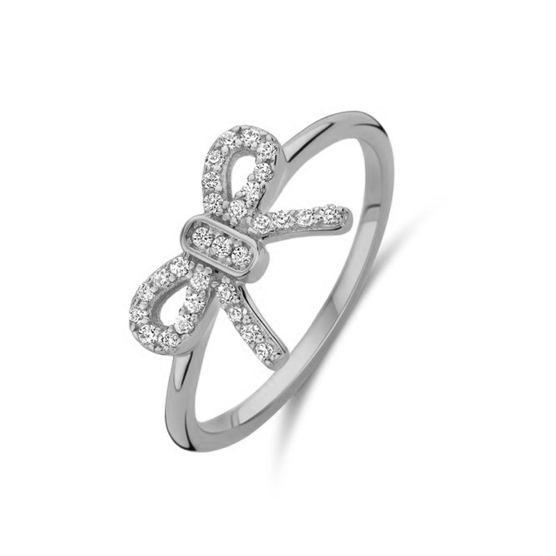 Stylish silver bow-shaped ring with crystals, NEW BLING Mod. 9NB-1552-52, elegant jewelry design for fashion enthusiasts.