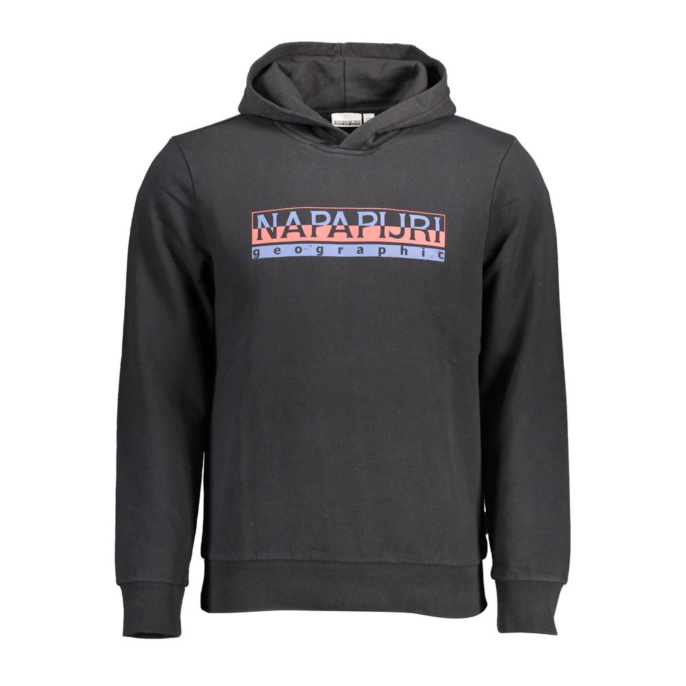 Napapijri Black Cotton Men Hoodie featuring iconic print and logo with long sleeves, perfect for modern urban style.