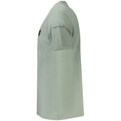 Side view of Napapijri Green Cotton Men T-Shirt showcasing organic cotton material and iconic logo